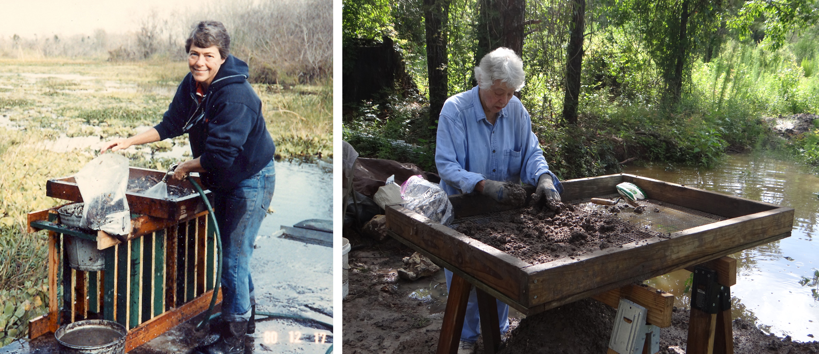 Two images of archaeologist Barbara Purdy: Barbara Purdy during excavations at Hontoon Island, 1980 (left) and revisiting the Container Corporation of America site in Marion County, Florida, in 2017.
