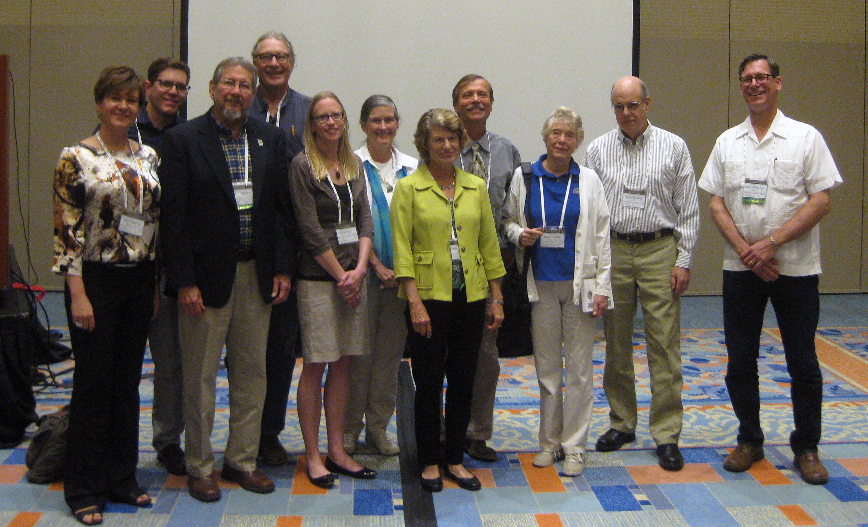 Image of presenters at the 2016 Society for American Archaeology symposium The Archaeology, Art, and Iconography of Florida’s Watery Landscapes with Barbara A. Purdy. From left: Joanna Ostapkowicz, Dan Seinfeld, Bill Marquardt, Michael Faught, Julia Duggins, Karen Jo Walker, Phyllis Kolianos, Steven Koski, Barbara Purdy, Jim Knight, and Ryan Wheeler.
