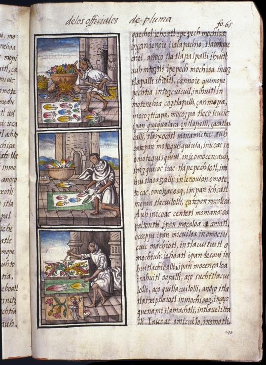 Image of a page from an illuminated manuscript showing three scenes of Aztex featherwork in the left hand column.