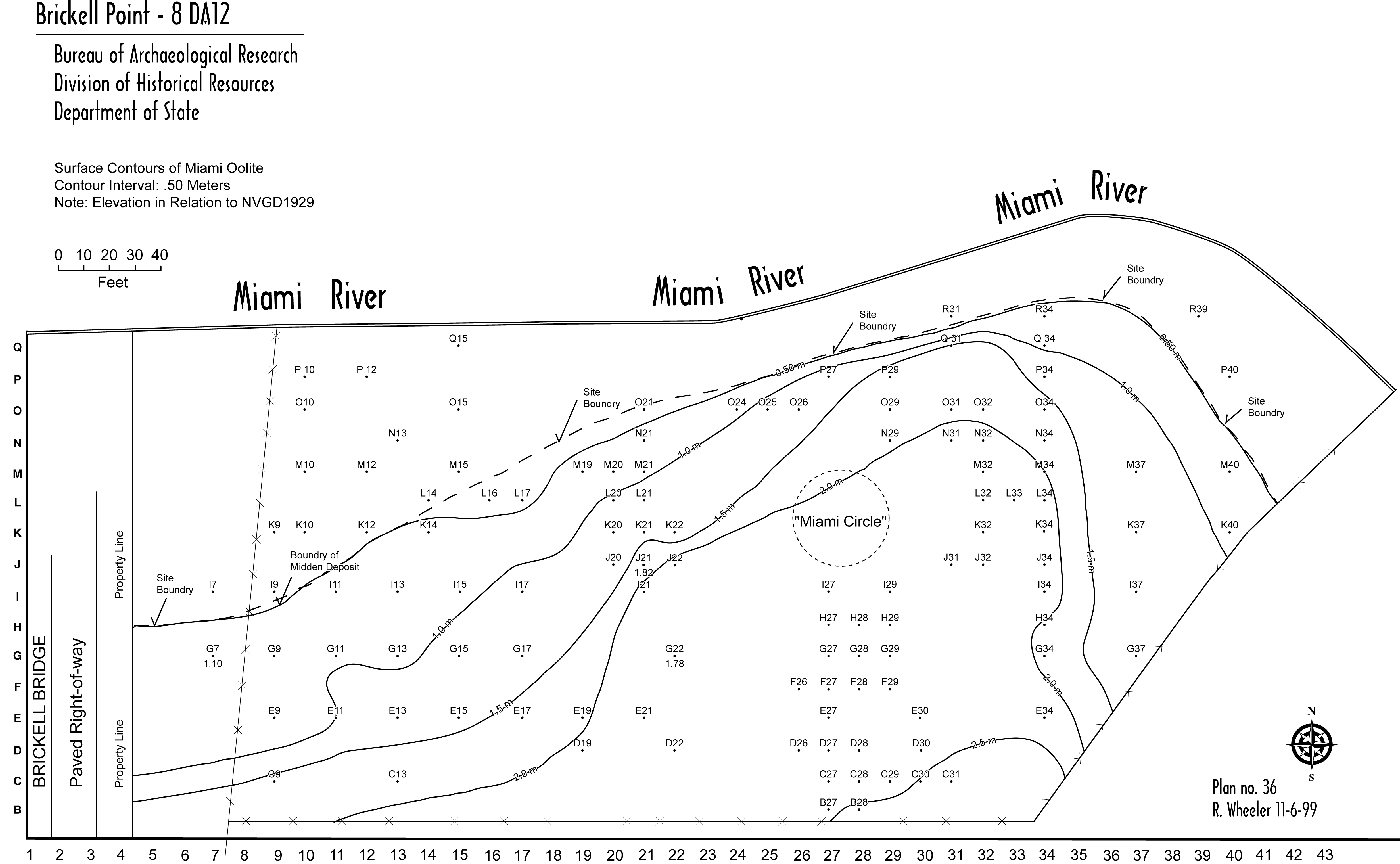 Black and white line drawn map of the Brickell Point property, showing the location of the Miami Circle and the extent of the limestone bedrock. The lines on the map are similar to those on a weather map.